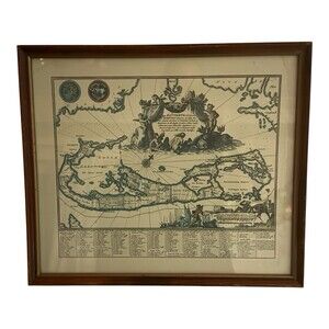 Vintage Bermuda Map Framed 17.5” x 15” Old World Nautical Wall Art
